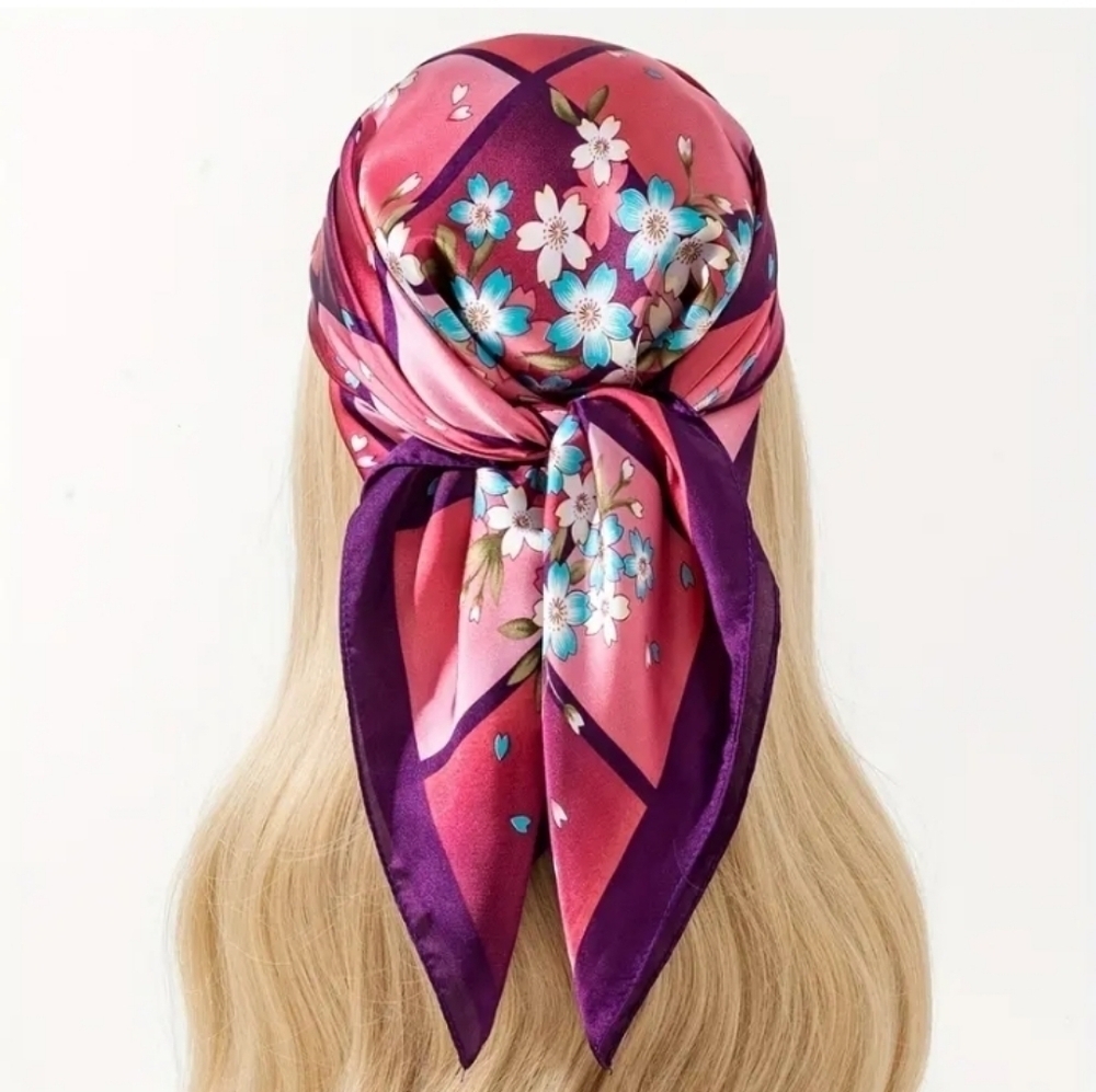 Floral Plaid Square Silky Scarf